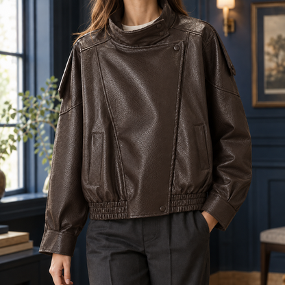 Cropped Leather-Look Asymmetric Moto Jacket
