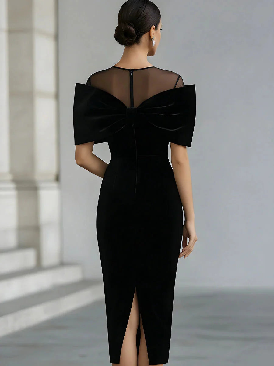 Women's Black Velvet Midi Dress with Sheer Boat Neck and Statement Bow