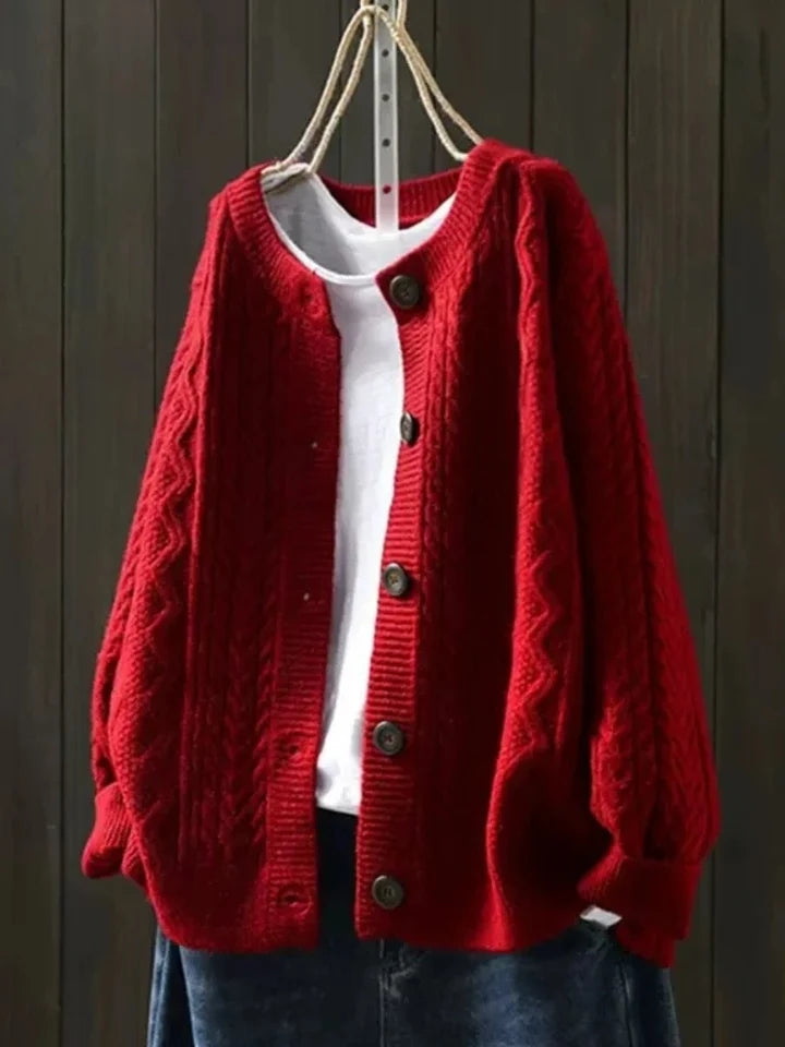 Women’s Oversized Textured Cable-Knit Button-Front Cardigan with Ribbed Trim