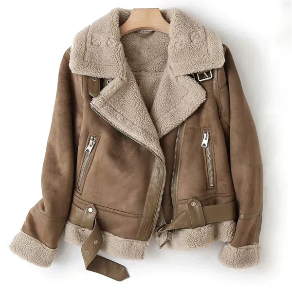 Women’s Sherpa-Lined Leather Biker Jacket with Asymmetric Zip