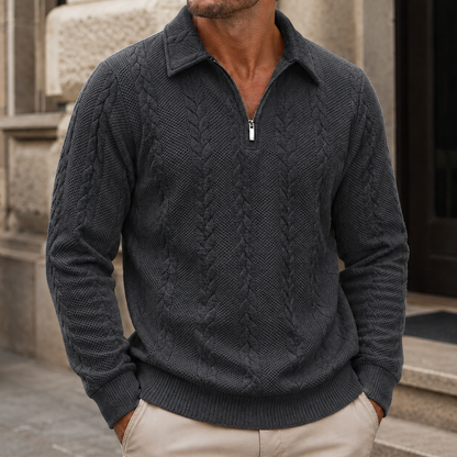 Men’s Textured Cable-Knit Collared Half-Zip Sweater