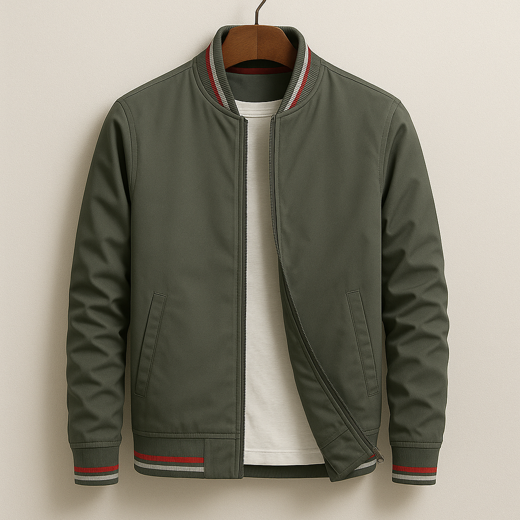 Men’s Cotton Blend Zip Jacket with Ribbed Stripe Trim