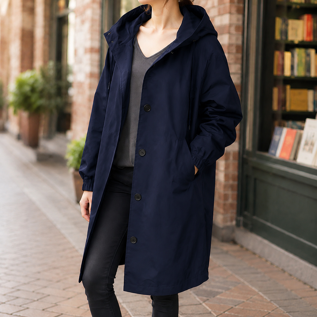 Women’s Relaxed Knee-Length Hooded Button Overcoat