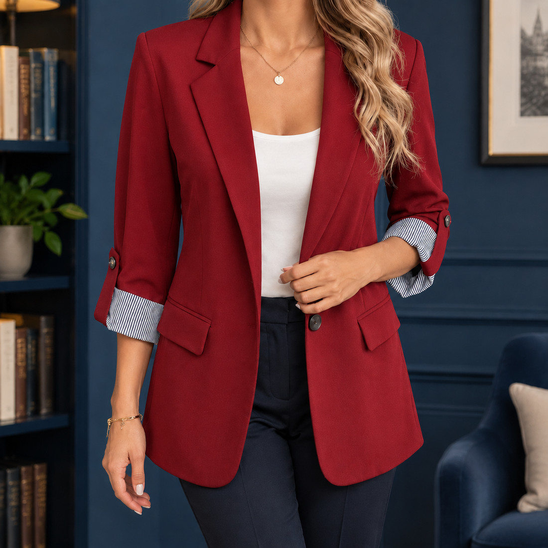 Women’s Slim Hip-Length Single-Button Blazer with Striped Cuffs