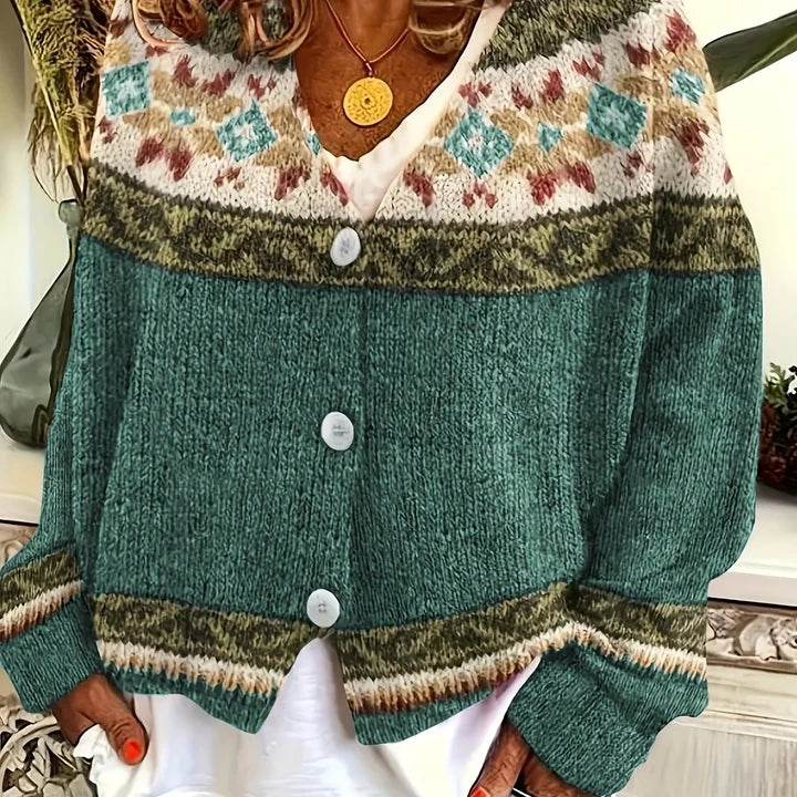 Women’s Fair Isle-Inspired Yoke V-Neck Button-Front Knit Cardigan