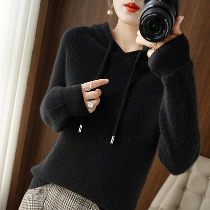Women’s Relaxed Cashmere Knit Drawstring Hooded Pullover