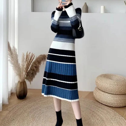 Women's Striped Ribbed Knit Midi Dress with Long Sleeves