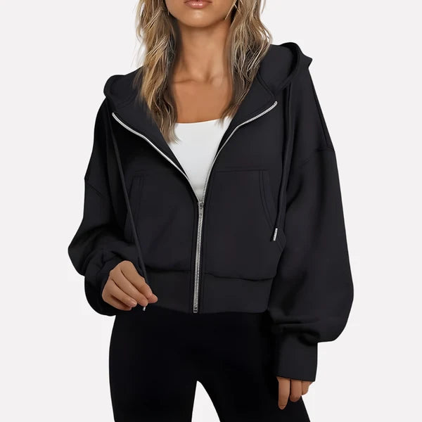 Women’s Cropped Zip-Up Hooded Jacket with Drawstring Detail