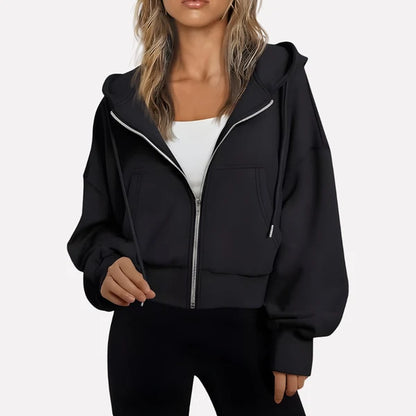 Women’s Cropped Zip-Up Hooded Jacket with Drawstring Detail