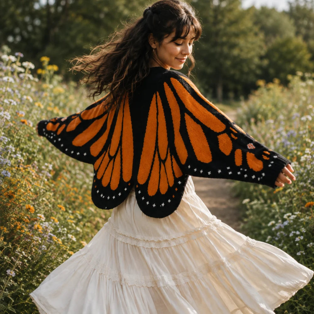 Women’s Orange and Black Butterfly Pattern Open-Front Knit Cardigan