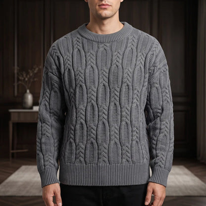 Textured Cable Knit Relaxed Crew Neck Sweater