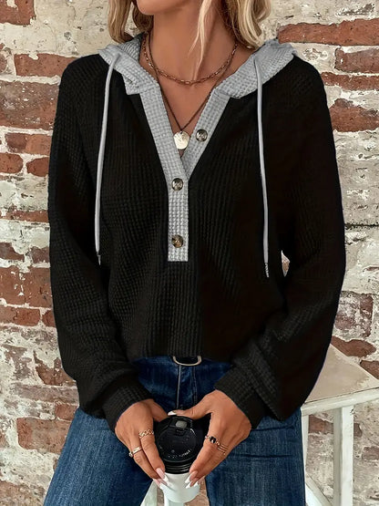 Women’s Waffle Knit Hooded Button-Front Long Sleeve Top