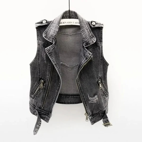 Women’s Distressed Cotton Denim Moto Vest with Asymmetric Zip