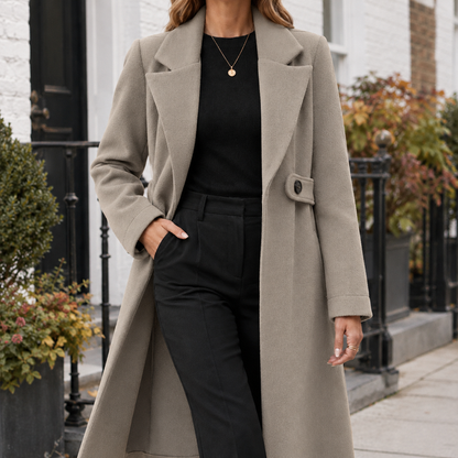 Women’s Straight-Cut Wool Longline Coat with Waist Tab