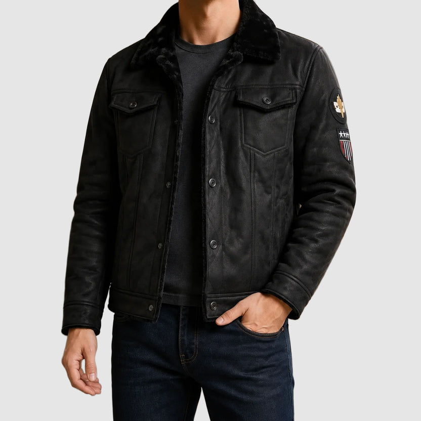 Men’s Fleece-Lined Leather Trucker Jacket