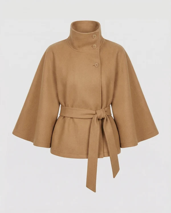 Women’s High-Collar Wool-Blend Cape Jacket with Waist Belt