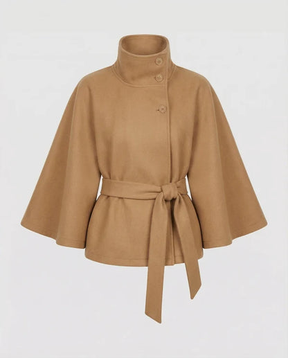 Women’s High-Collar Wool-Blend Cape Jacket with Waist Belt