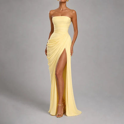 Women's Strapless Ruched Evening Gown with High Side Slit