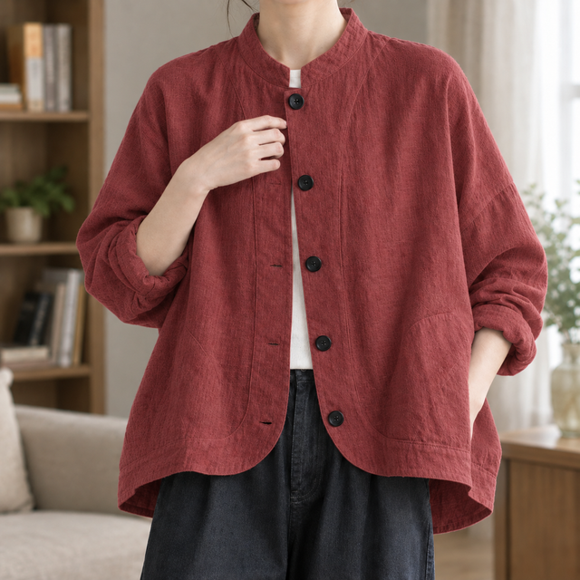 Women’s Relaxed Batwing Cotton Blend Jacket with Stand Collar