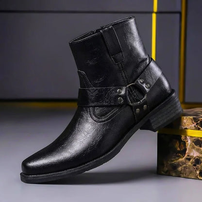 Men’s Genuine Leather Ankle Boots with Western Harness Strap