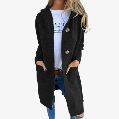 Women’s Ribbed Hooded Long Cardigan with Button Front and Pockets