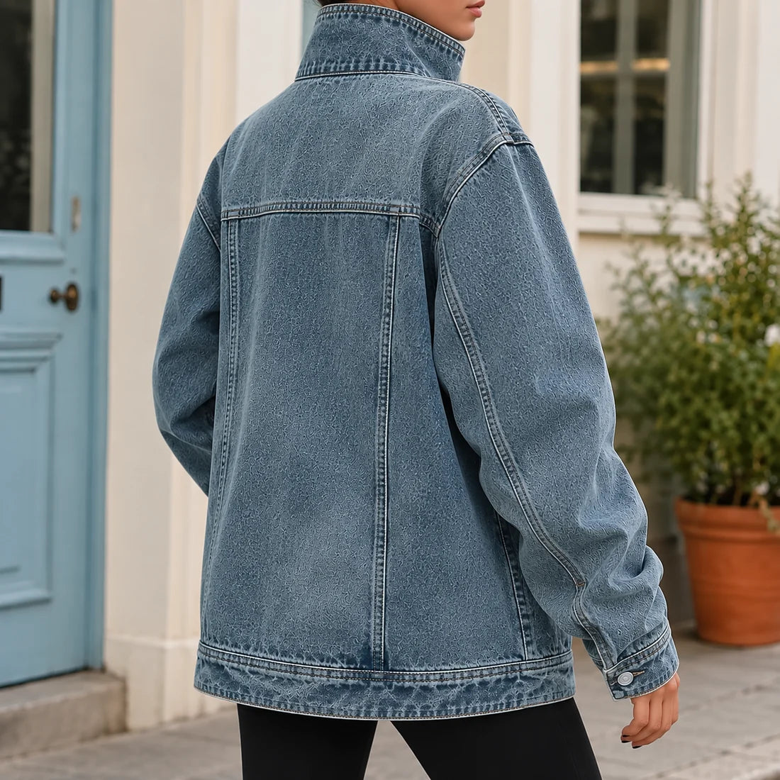 Women’s Oversized Washed Denim Jacket with Funnel Collar