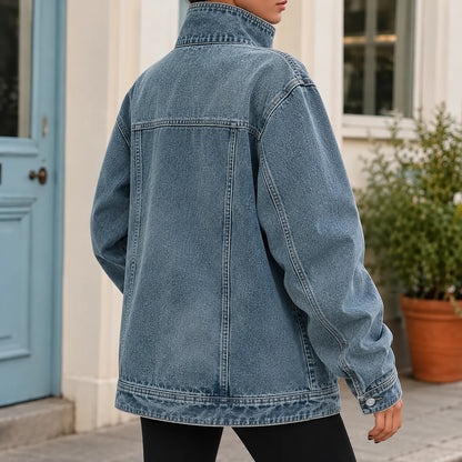 Women’s Oversized Washed Denim Jacket with Funnel Collar