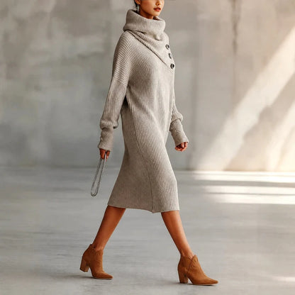 Women's Oversized Turtleneck Ribbed Sweater Dress with Button Detail