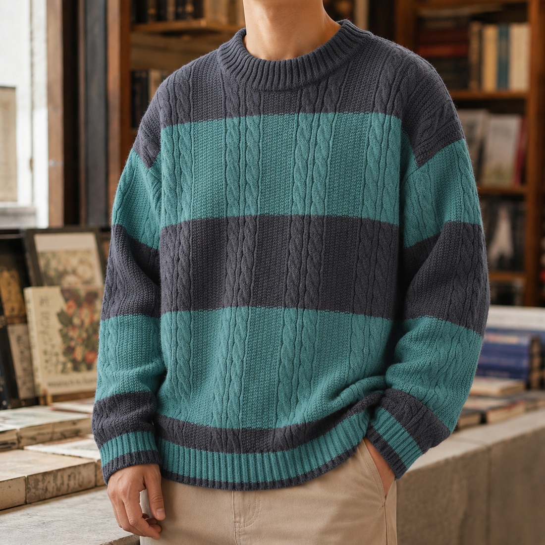 Men’s Color-Block Cable Knit Crewneck Sweater