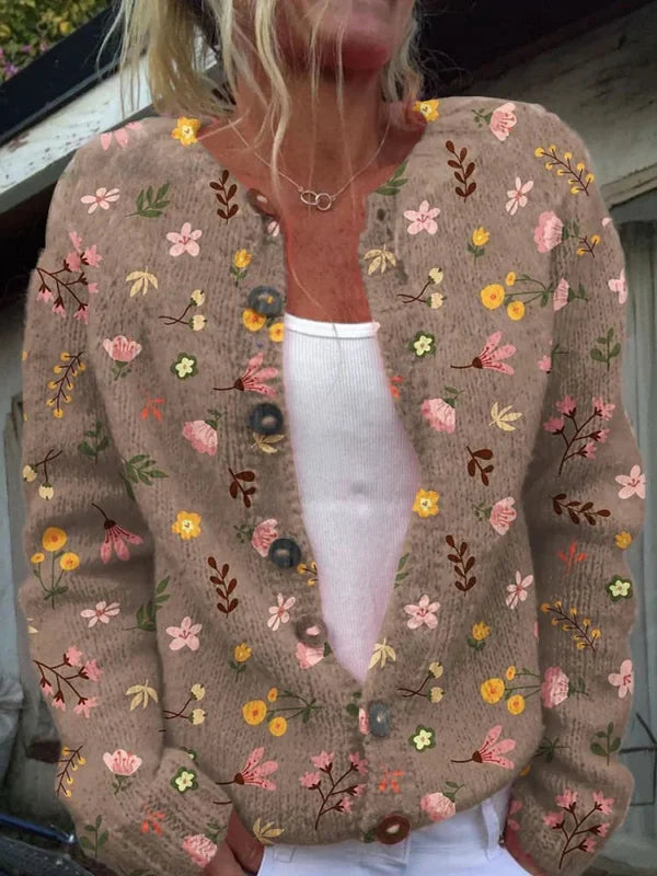 Women’s Printed Textured Knit Button-Front Relaxed Cardigan