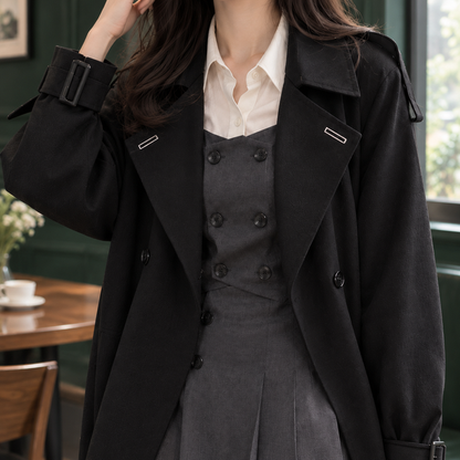 Women’s Longline Double-Breasted Coat with Buckled Cuffs