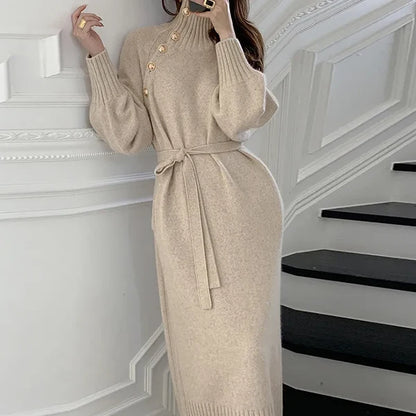 Women's High-Neck Knit Midi Dress with Balloon Sleeves and Waist Tie