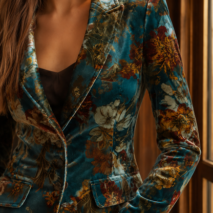 Women’s Floral Velvet Fitted Three-Button Blazer