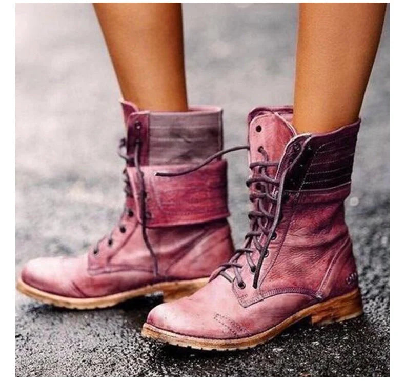 Women’s Vintage Lace-Up Combat Boots with Foldable Shaft