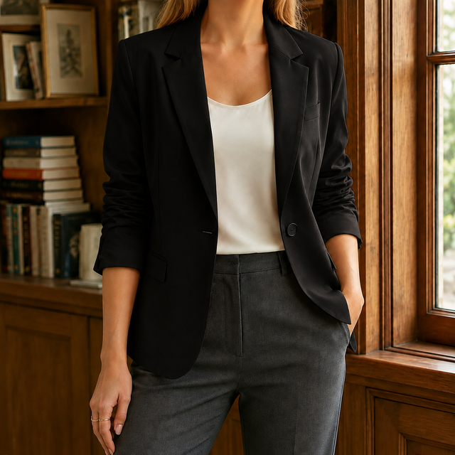 Women’s Hip-Length Blazer with Ruched Three-Quarter Sleeves