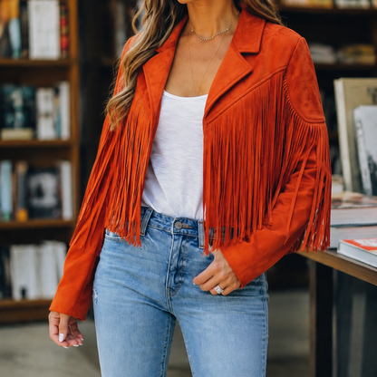 Women’s Cropped Fringe Jacket with Notched Lapels