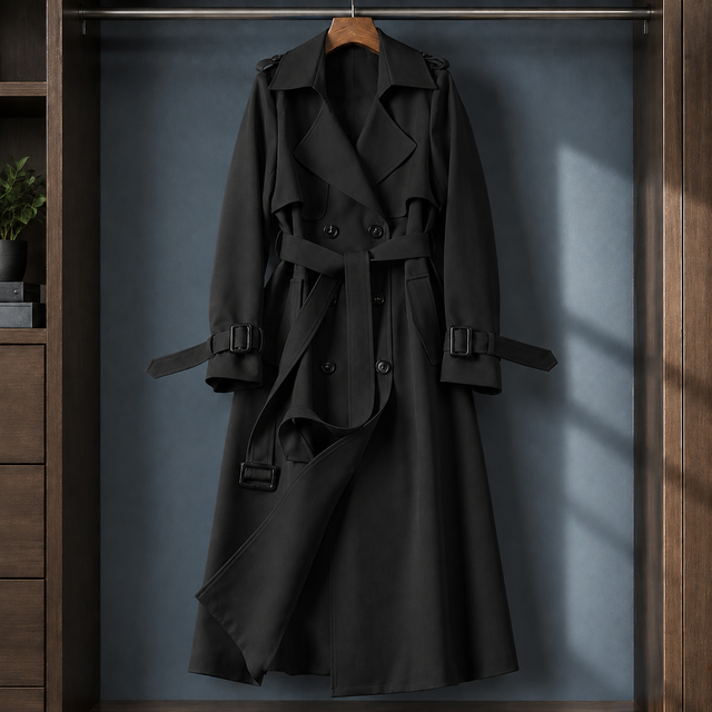 Long Flared Double-Breasted Belted Overcoat