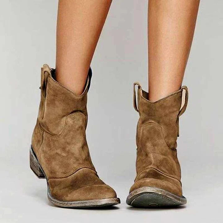 Women’s Distressed Suede Ankle Booties with Low Block Heel