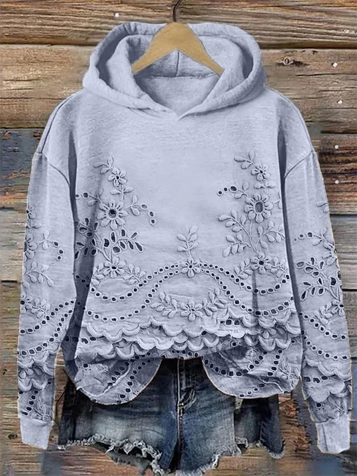 Women’s Floral Eyelet Scalloped Hem Pullover Hoodie