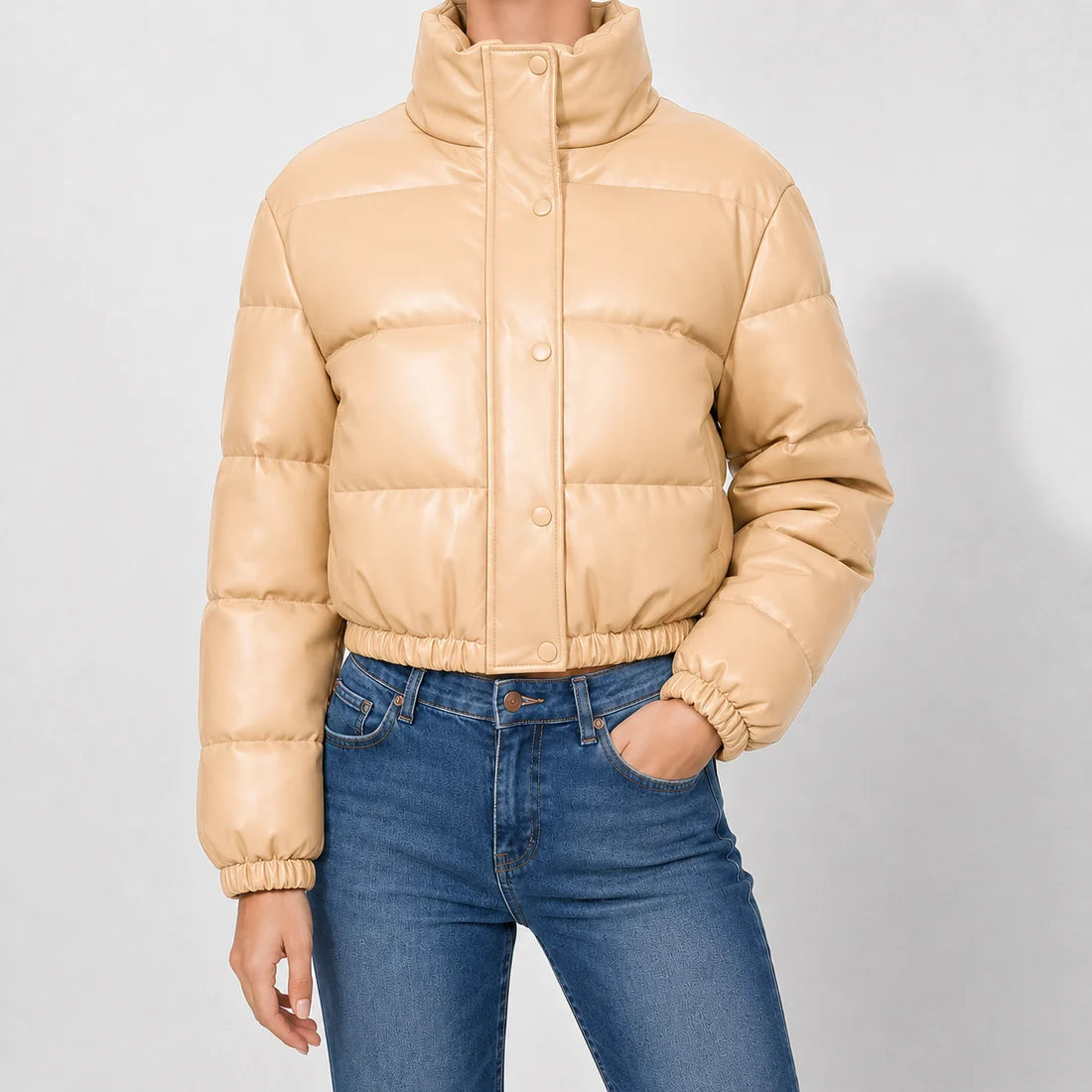 Women’s Cropped Faux Leather Quilted Puffer Jacket