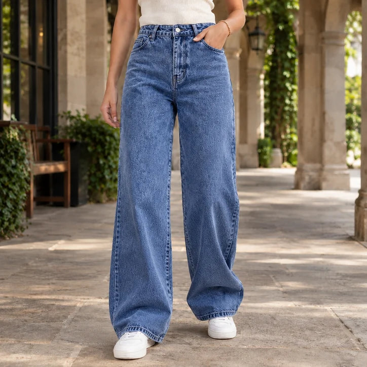 Women’s High-Rise Washed Denim Relaxed Wide-Leg Jeans