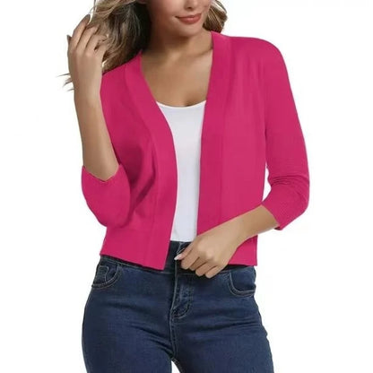 Women’s Cropped Open-Front Cardigan with Relaxed Fit and 3/4 Sleeves