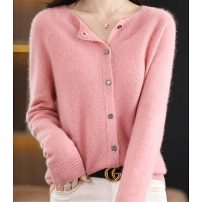Women’s Merino Wool Cashmere Blend O-Neck Button Cardigan