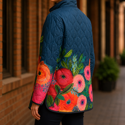 Women’s Quilted Floral Print Jacket with Curved Hem