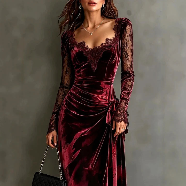 Women's Velvet Evening Gown with Floral Lace and Asymmetric Hem