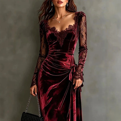 Women's Velvet Evening Gown with Floral Lace and Asymmetric Hem