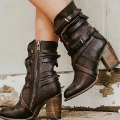 Women’s Suede Strappy Buckle Ankle Boots with Stacked Heel