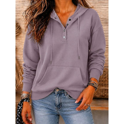 Women’s Relaxed Button-Placket Hooded Pullover with Front Pouch Pocket
