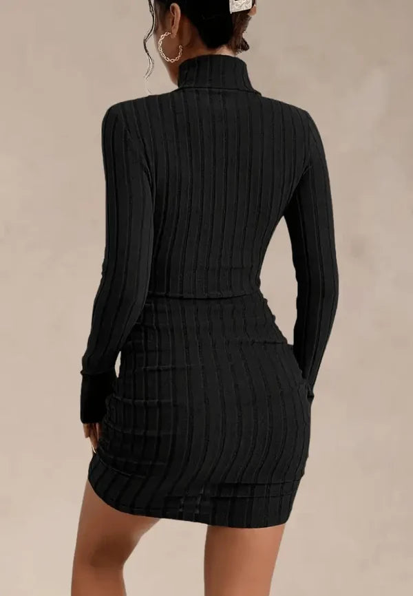 Women's Ribbed Knit Mini Dress with Turtleneck and Thumbhole Sleeves