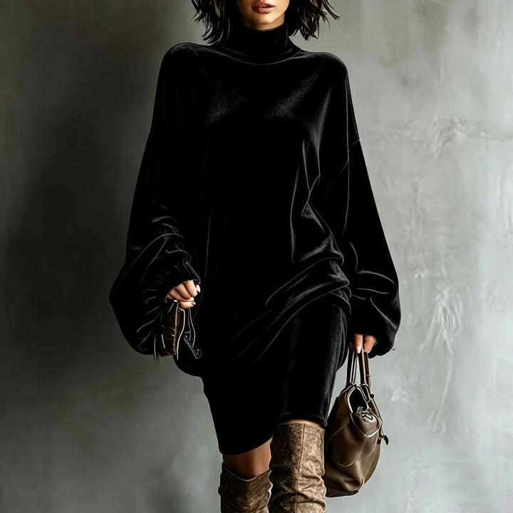 Women's Oversized Velvet Dress with Batwing Sleeves and Mock Neck